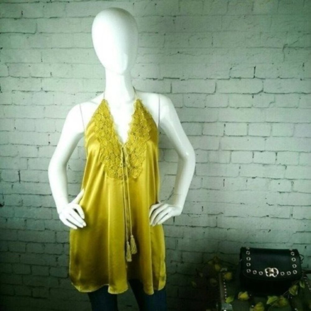 Solaris Style Boho Satin Halter Top With Lace In Chartreuse Small And Medium
